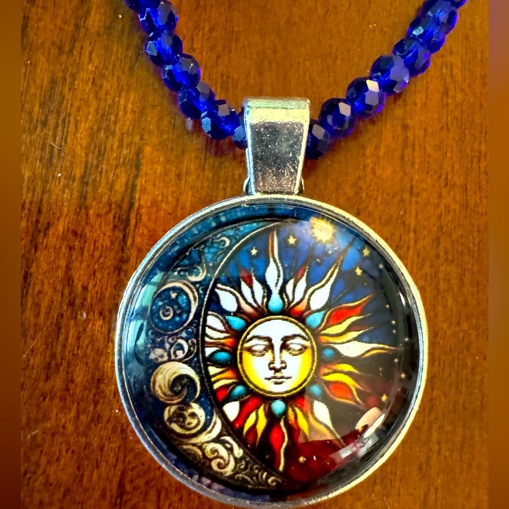 Celestial Colorful Moon, Sun Cabochon Pendant on Blue Crystal Artisan Necklace